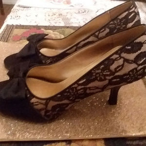 Sexy Black Lace Open Toe Pumps with Bow